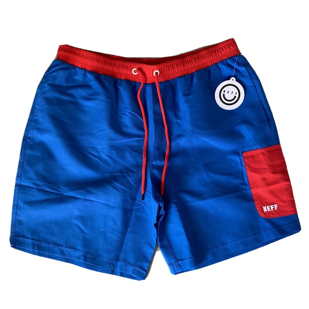 Neff Mens Blue/Red Drawstring Swim Trunks Shorts with Pockets NWT Men's Medium